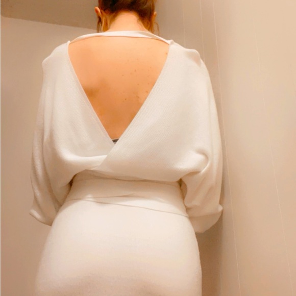 V-Neck Batwing Long Sleeve Wrap Knitted Backless Sexy Bodycon Pullover Dress - Picture 2 of 4